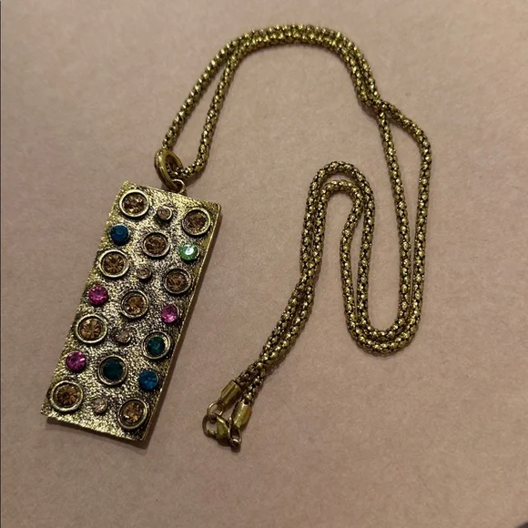 Fabulous Goldtone Rectangular Pendant Necklace with Multicolor Colorful Stones - Picture 4 of 6